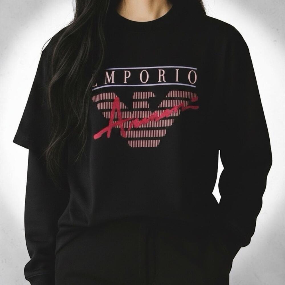 NWT Emporio Armani Black Chenille Logo Crewneck Sweatshirt Women’s Large Casual